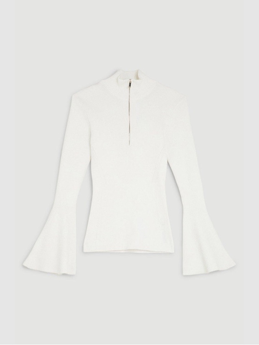 NW/OT Karen Millen / XS / Viscose Blend Rib Knit Half Zip Bell Sleeve Top /White